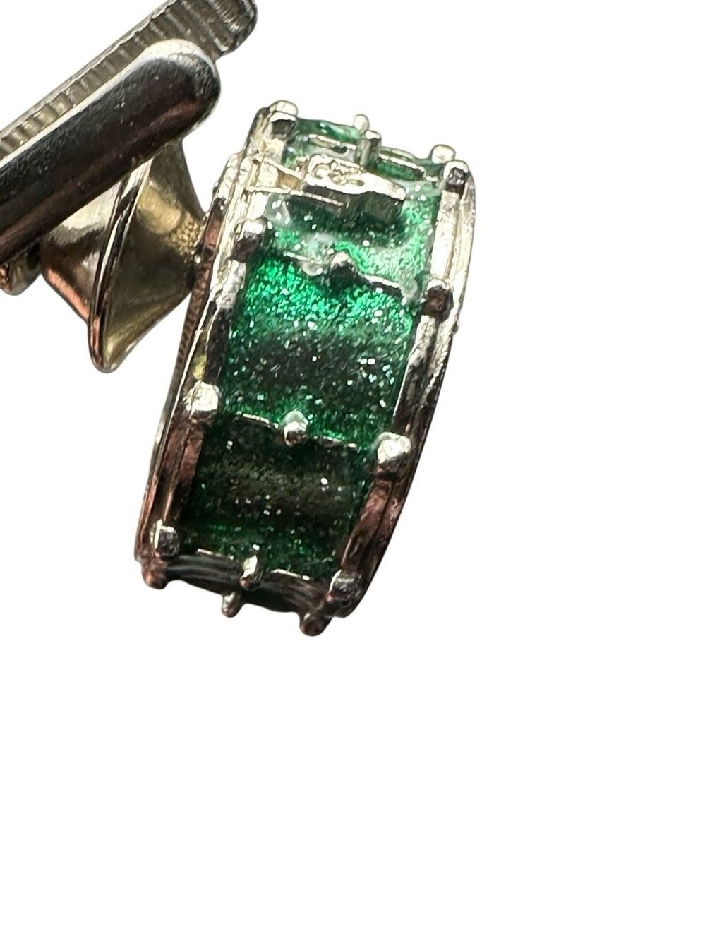 Vintage Snare Drum Tie Tack Lapel Pin Silver Tone Green Musician Gift